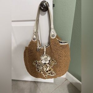 BRIGHTON Woven Straw Floral Applique Shoulder Bag in Tan and Cream